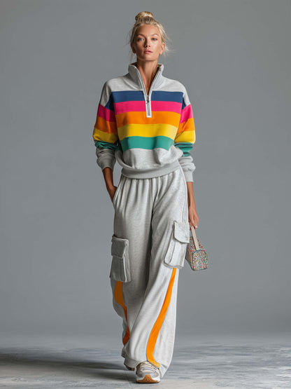 Retro Rainbow Striped Quarter Zip Sweatshirt Cargo Wide Leg Sweatpants Two Piece Set