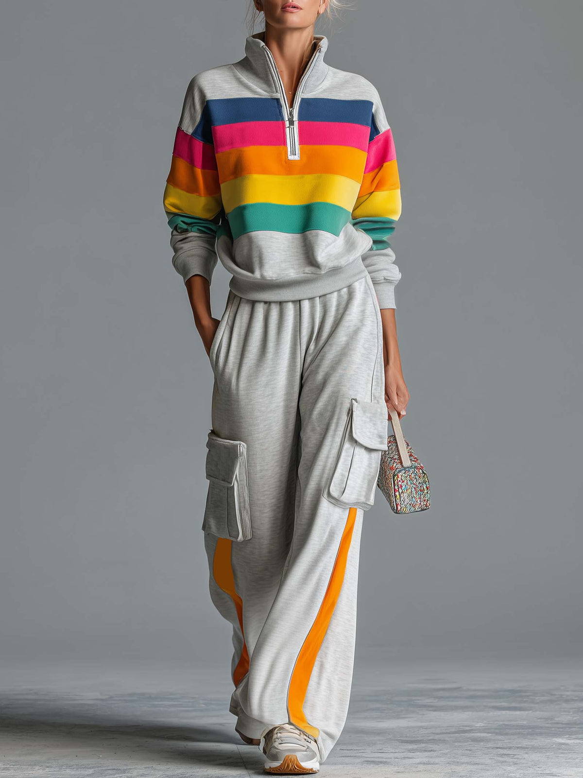 Retro Rainbow Striped Quarter Zip Sweatshirt Cargo Wide Leg Sweatpants Two Piece Set