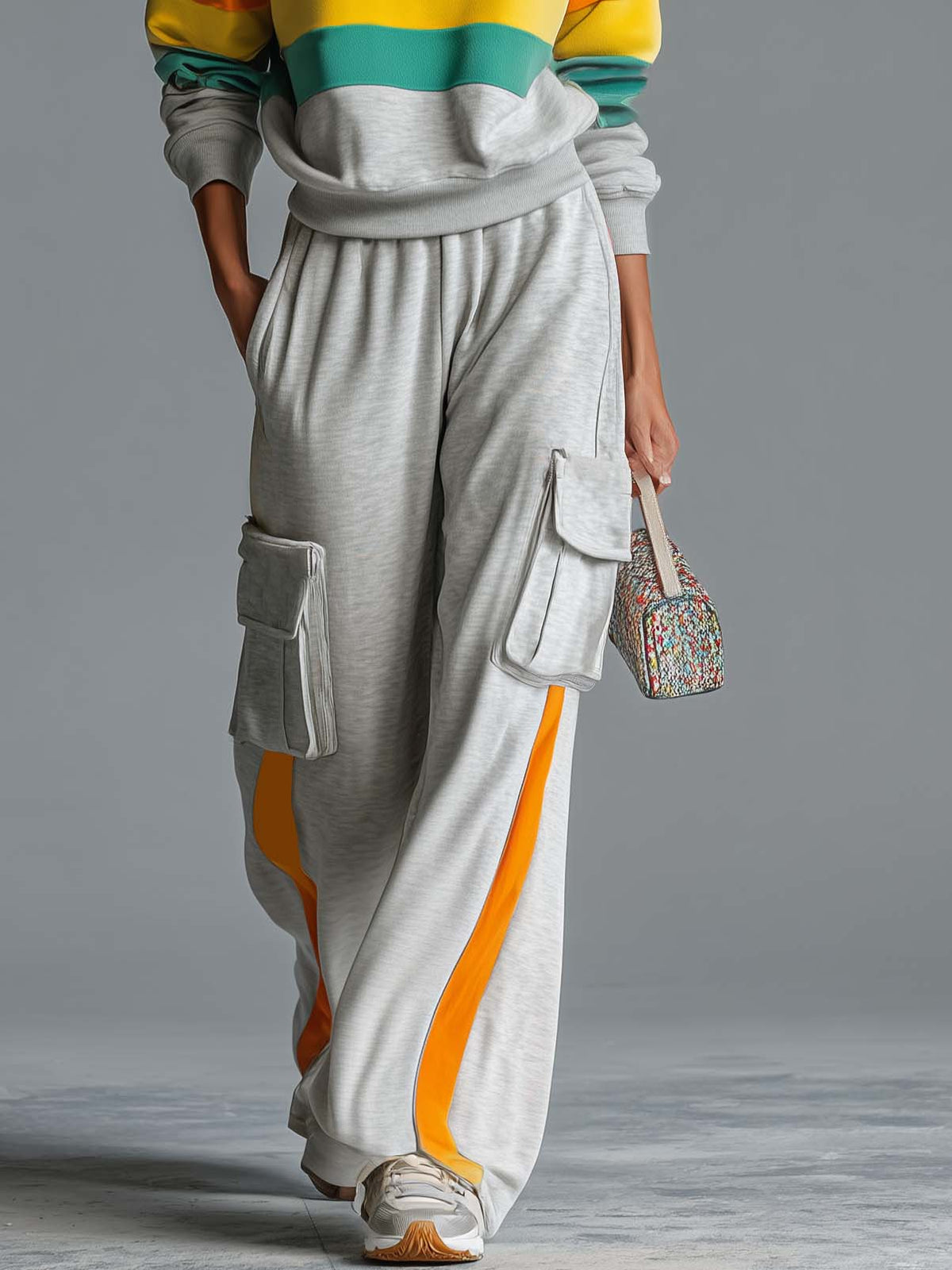 Retro Rainbow Striped Quarter Zip Sweatshirt Cargo Wide Leg Sweatpants Two Piece Set