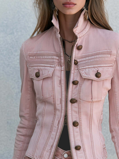 Vintage Military Stand Collar Zip-Up Gold Button Fitted Washed Pink Denim Jacket