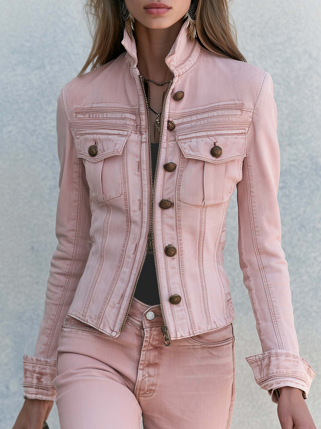 Vintage Military Stand Collar Zip-Up Gold Button Fitted Washed Pink Denim Jacket