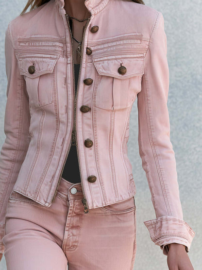 Vintage Military Stand Collar Zip-Up Gold Button Fitted Washed Pink Denim Jacket