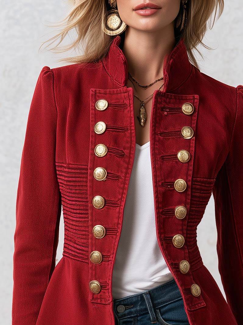 Vintage Military Red Double Breasted Peplum Stand Collar Gold Button Denim Jacket