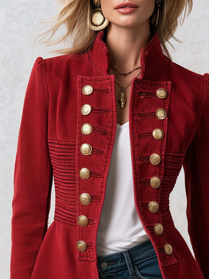 Vintage Military Red Double Breasted Peplum Stand Collar Gold Button Denim Jacket
