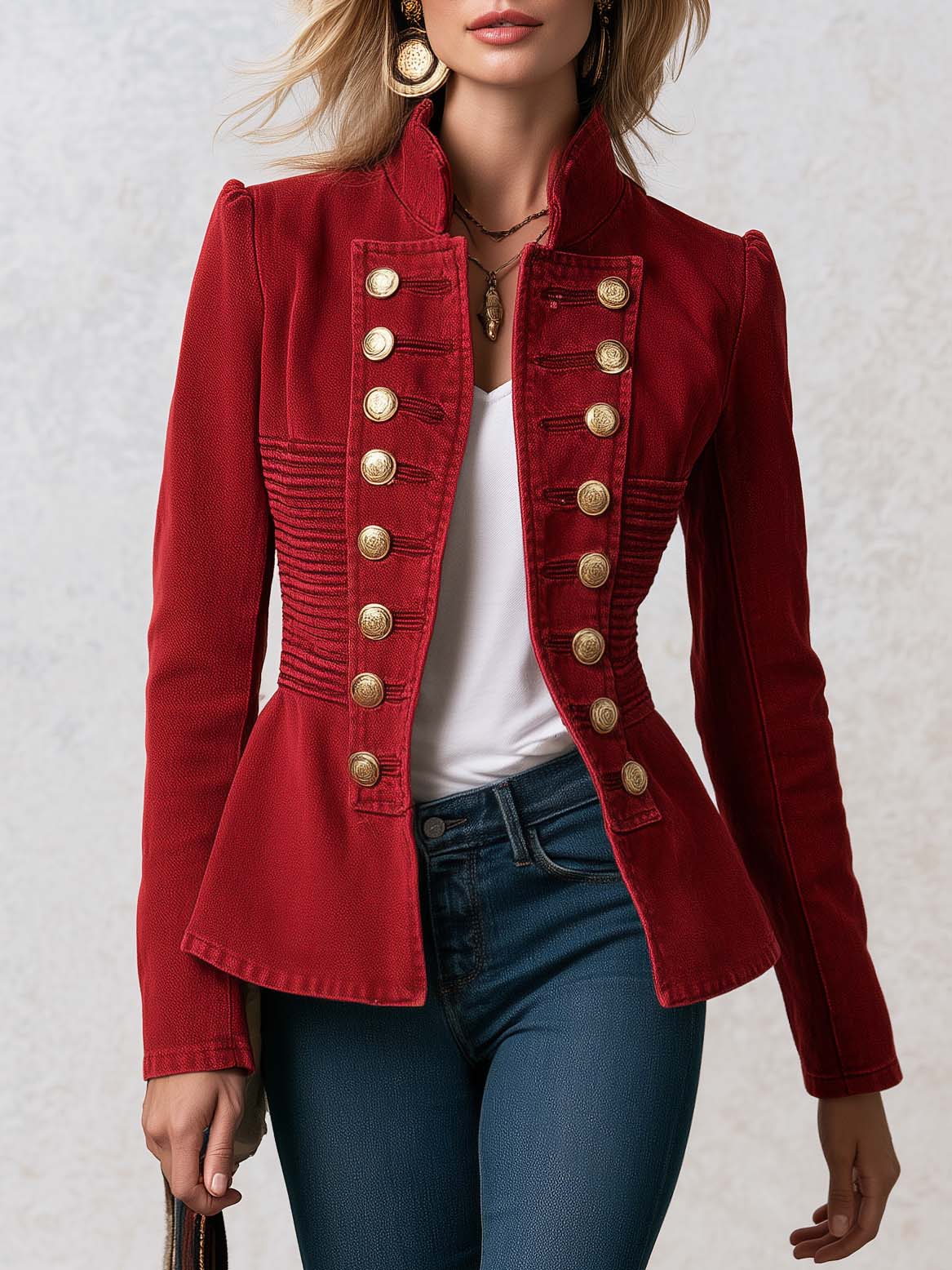 Vintage Military Red Double Breasted Peplum Stand Collar Gold Button Denim Jacket