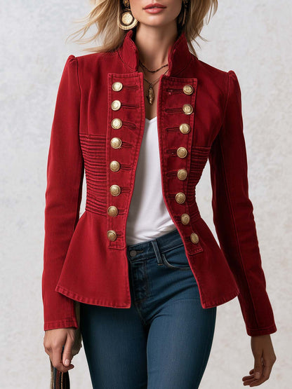Vintage Military Red Double Breasted Peplum Stand Collar Gold Button Denim Jacket