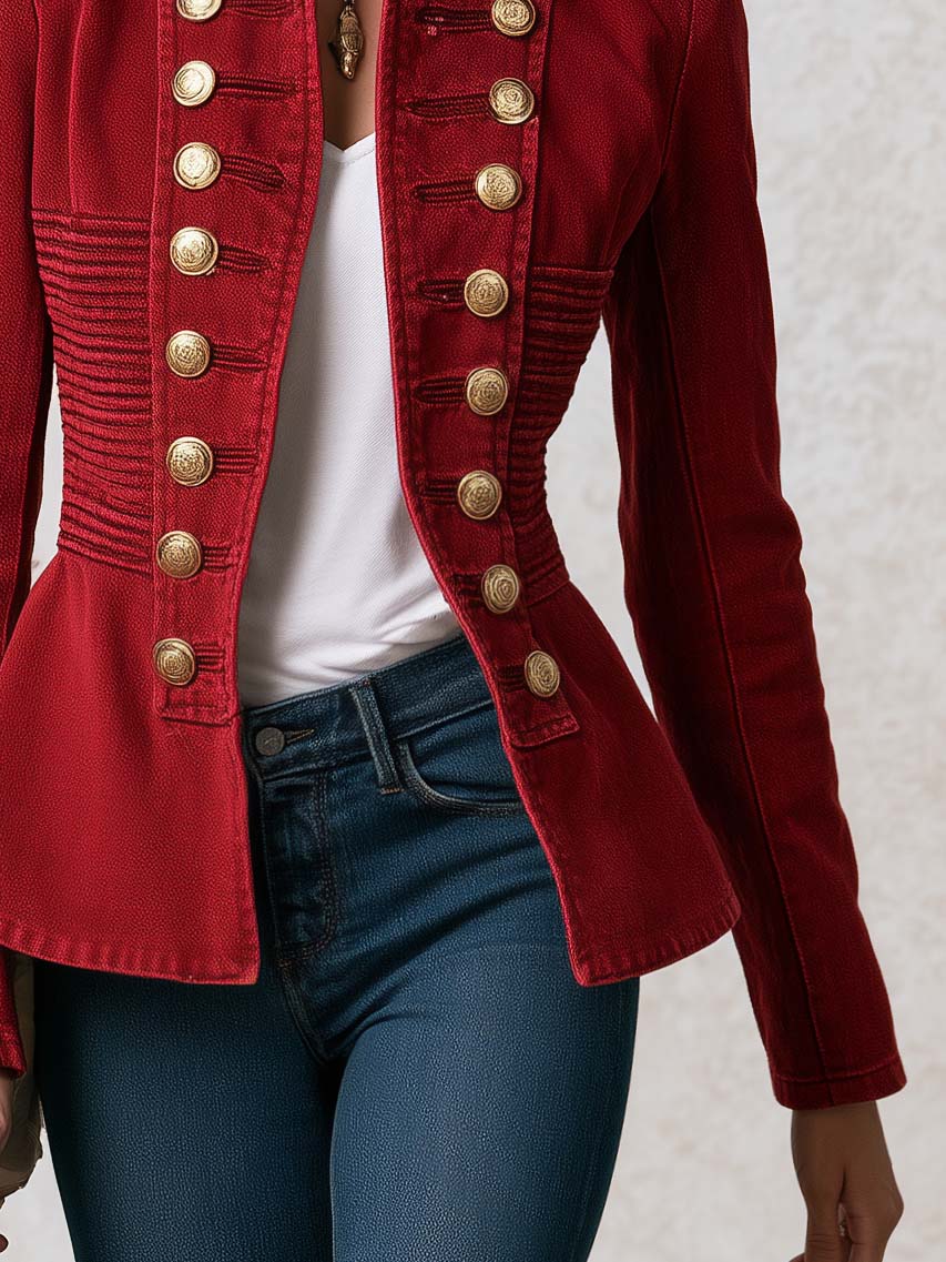 Vintage Military Red Double Breasted Peplum Stand Collar Gold Button Denim Jacket