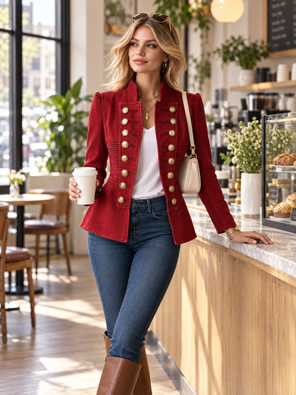 Vintage Military Red Double Breasted Peplum Stand Collar Gold Button Denim Jacket