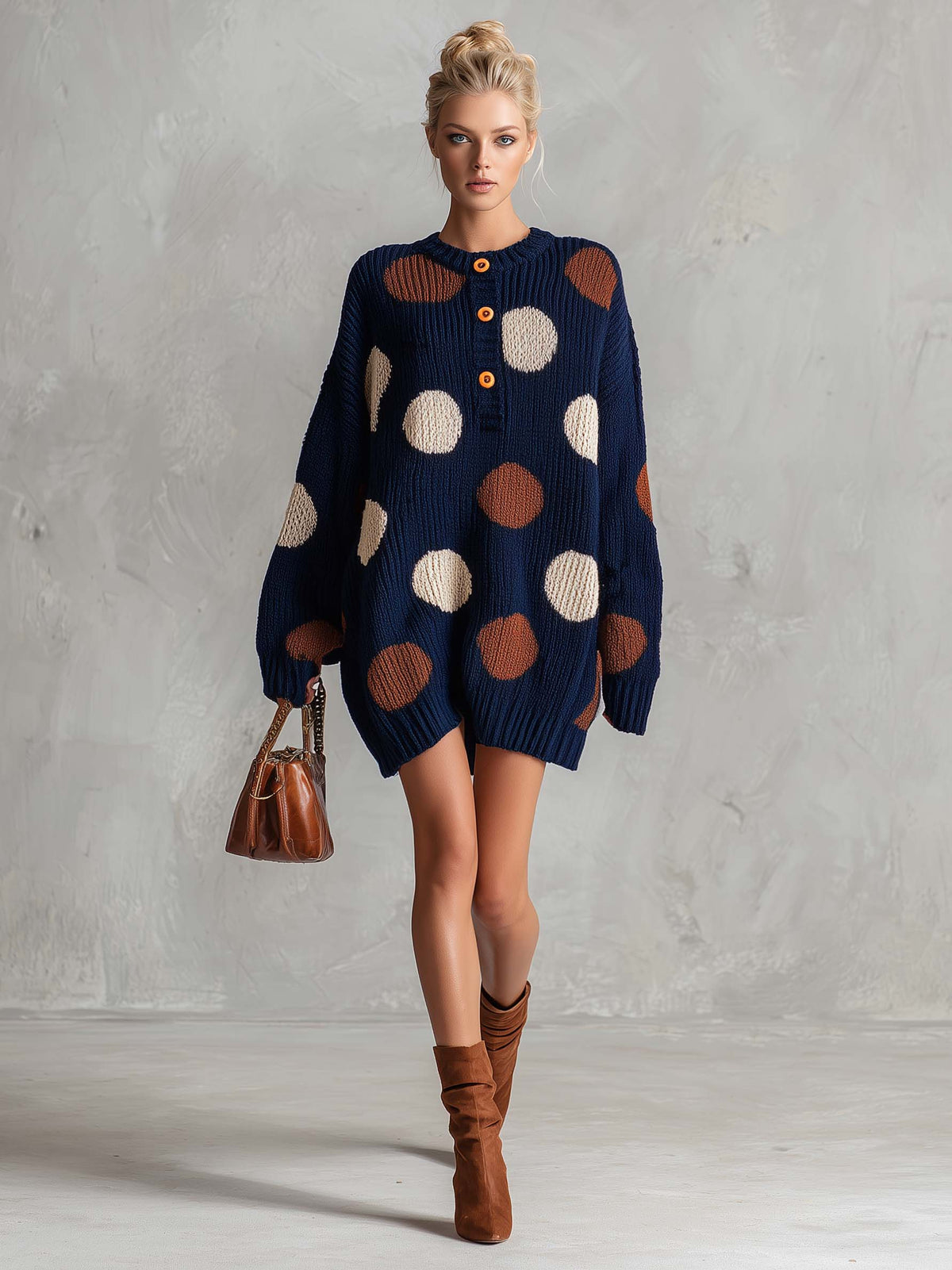 Retro Chic Navy Polka Dot Henley Oversized Chunky Knit Mini Sweater Dress