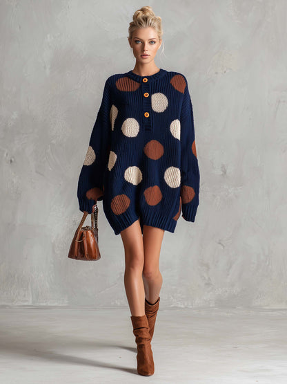 Retro Chic Navy Polka Dot Henley Oversized Chunky Knit Mini Sweater Dress