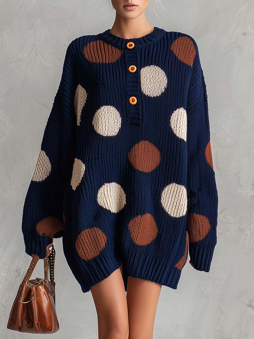 Retro Chic Navy Polka Dot Henley Oversized Chunky Knit Mini Sweater Dress