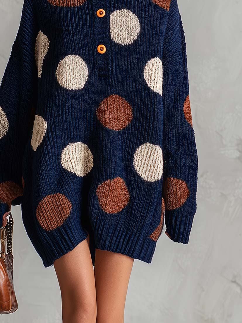 Retro Chic Navy Polka Dot Henley Oversized Chunky Knit Mini Sweater Dress