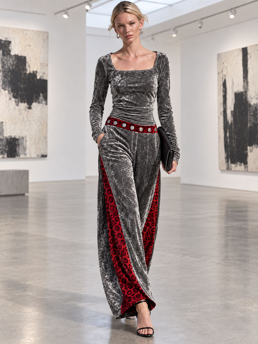 Retro-chic Color-blocked Leopard Print Trim Grey Velvet Top And Pants Set