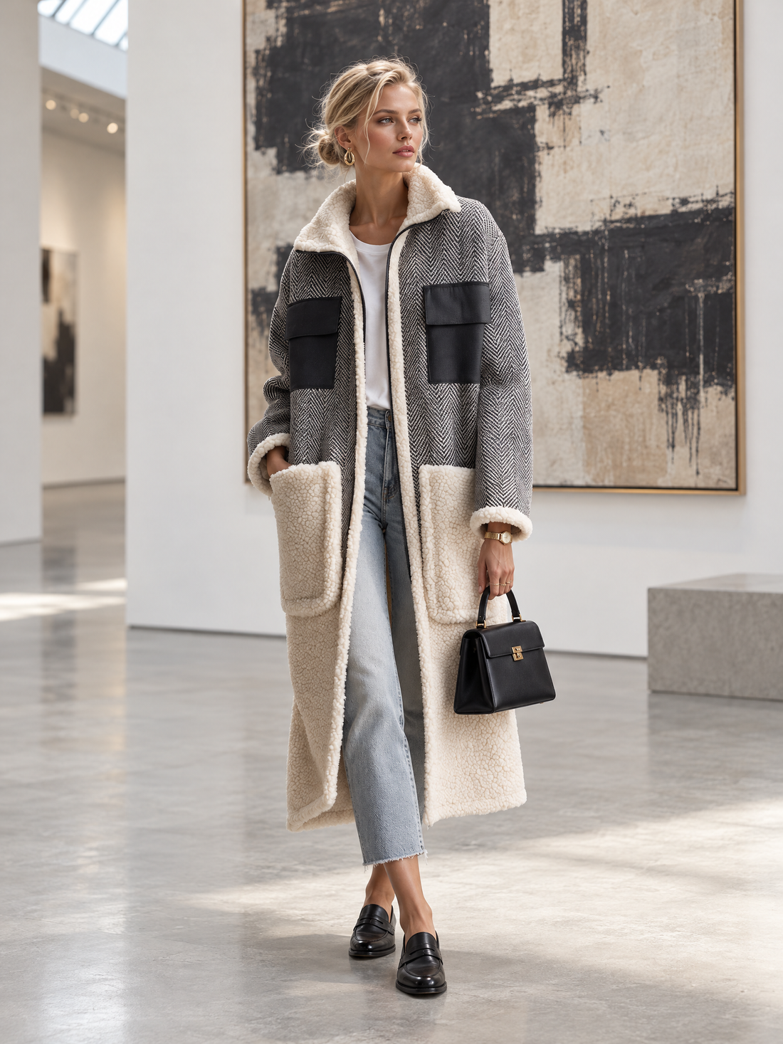 Casual Vintage Grey Herringbone Fleece Patchwork Pocket Zip-Up Long Sherpa Coat