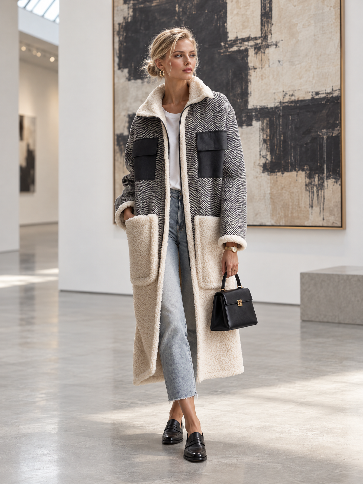 Casual Vintage Grey Herringbone Fleece Patchwork Pocket Zip-Up Long Sherpa Coat