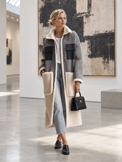 Casual Vintage Grey Herringbone Fleece Patchwork Pocket Zip-Up Long Sherpa Coat