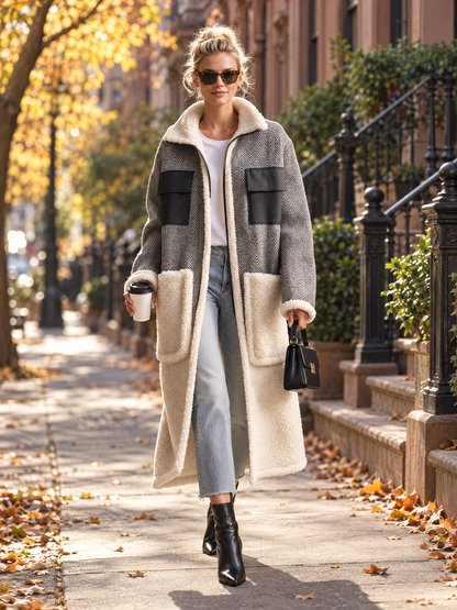 Casual Vintage Grey Herringbone Fleece Patchwork Pocket Zip-Up Long Sherpa Coat