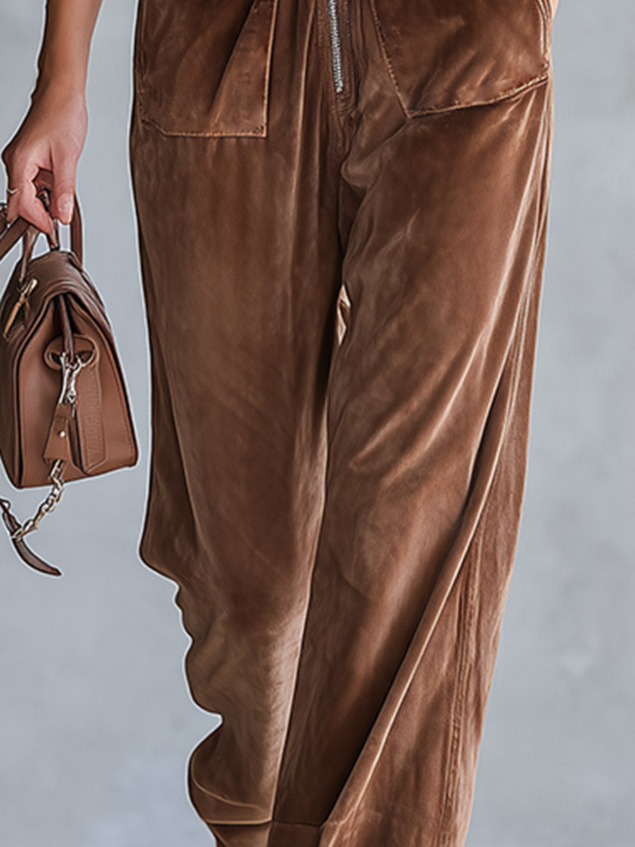 Casual Utility-style Brown Velvet Multi-pocket Jumpsuit