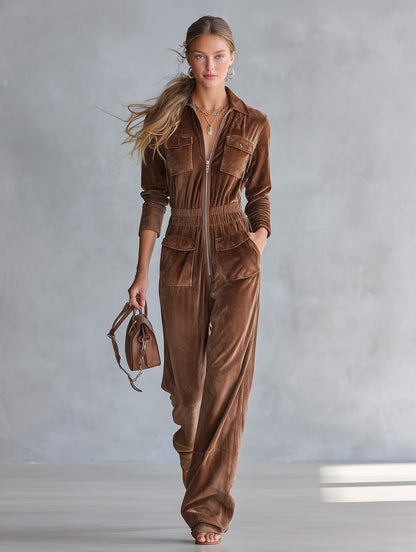 Casual Utility-style Brown Velvet Multi-pocket Jumpsuit