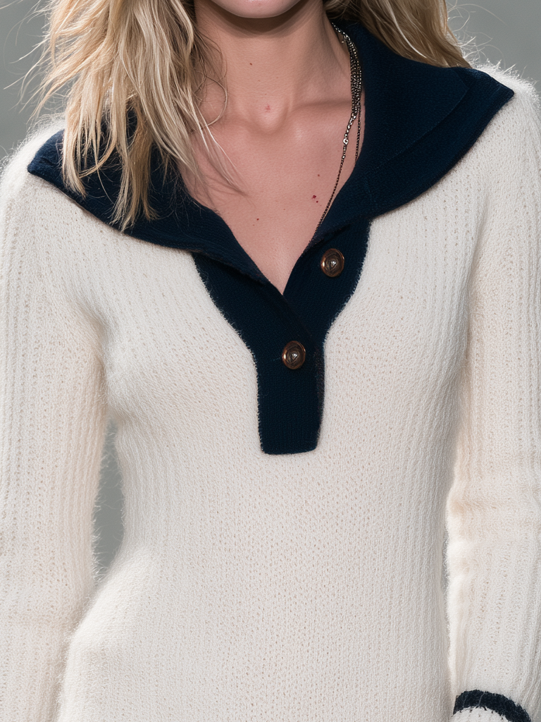 Retro Varsity Cream Mohair Knit Mini Dress Navy Collar Stripe Trim