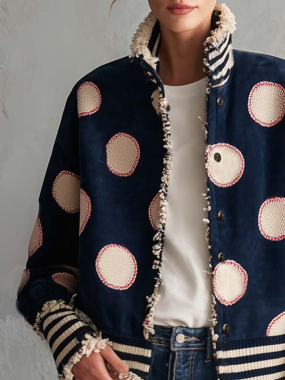 Retro Varsity Navy Suede Polka Dot Frayed Edge Striped Rib Bomber Jacket
