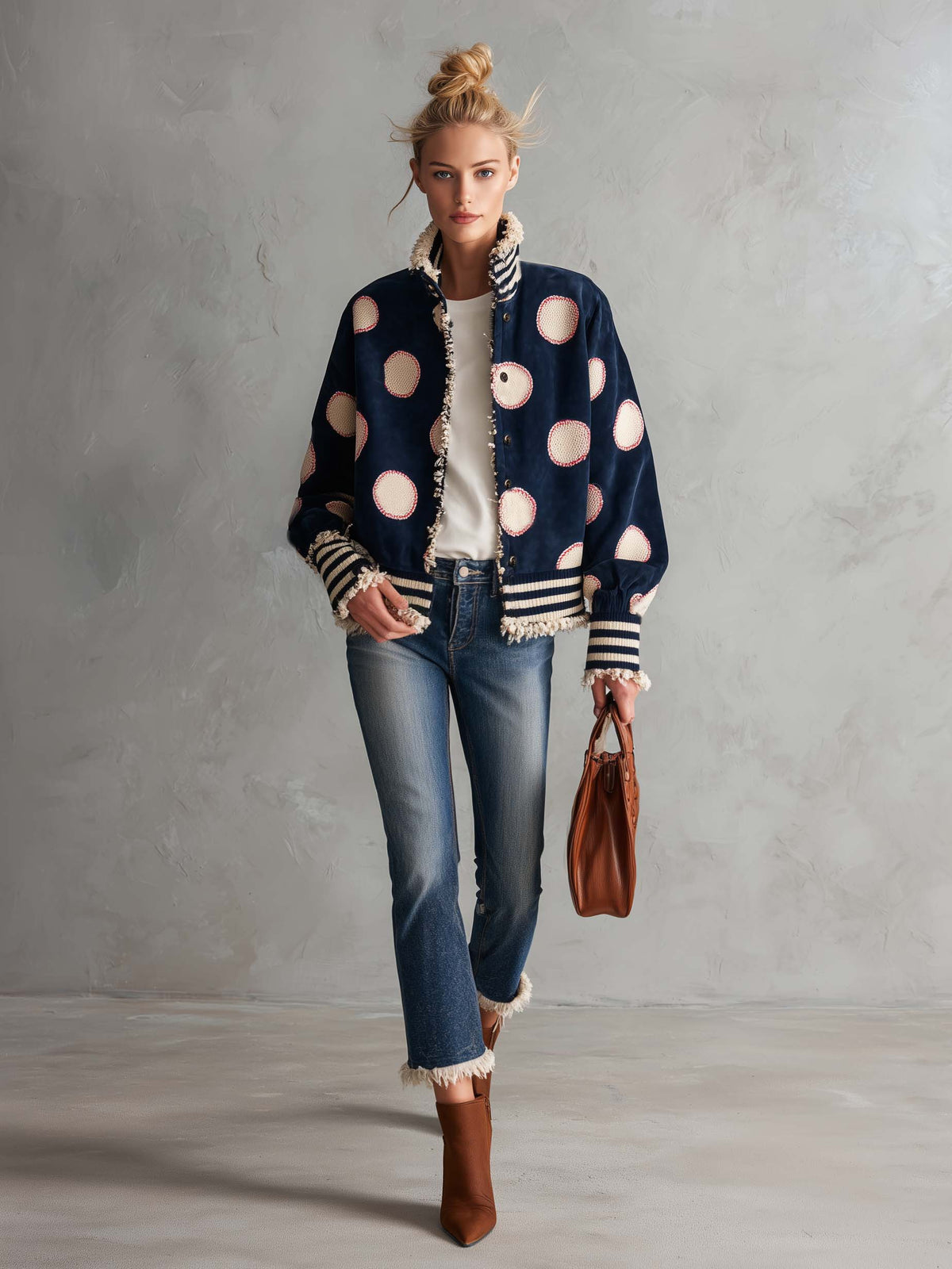 Retro Varsity Navy Suede Polka Dot Frayed Edge Striped Rib Bomber Jacket