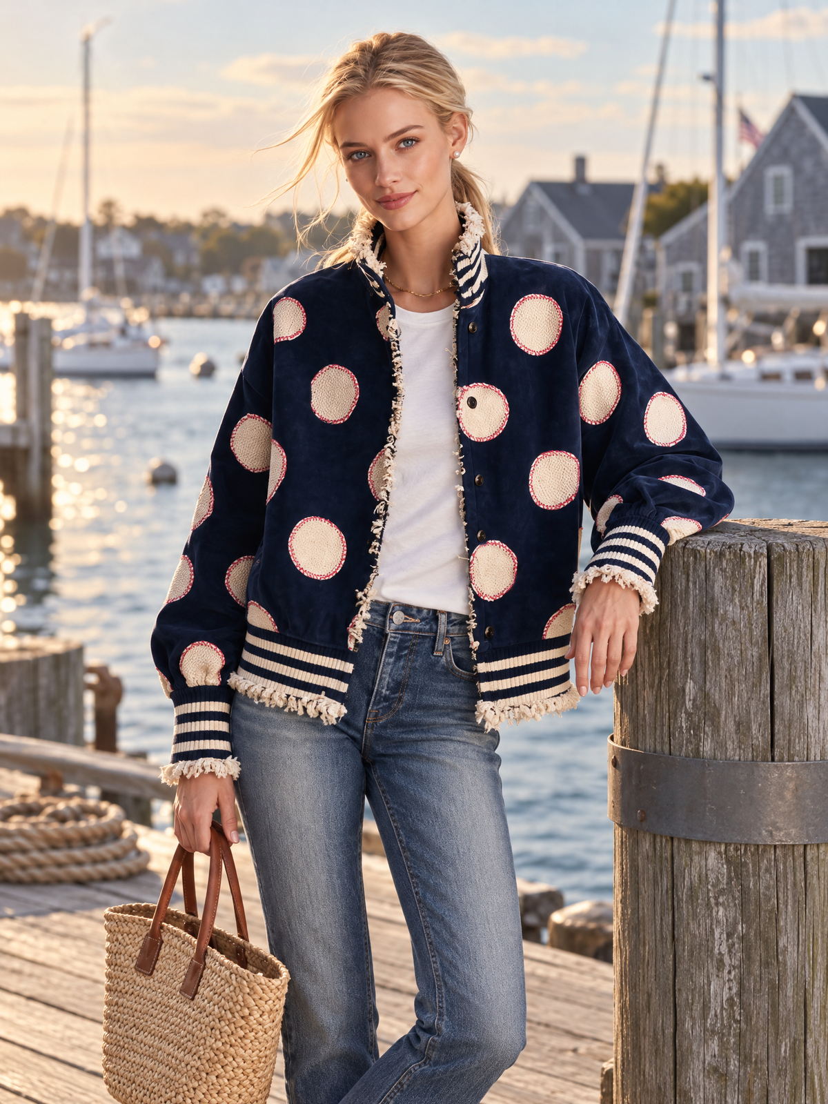 Retro Varsity Navy Suede Polka Dot Frayed Edge Striped Rib Bomber Jacket