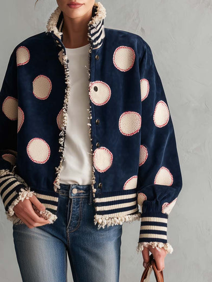 Retro Varsity Navy Suede Polka Dot Frayed Edge Striped Rib Bomber Jacket