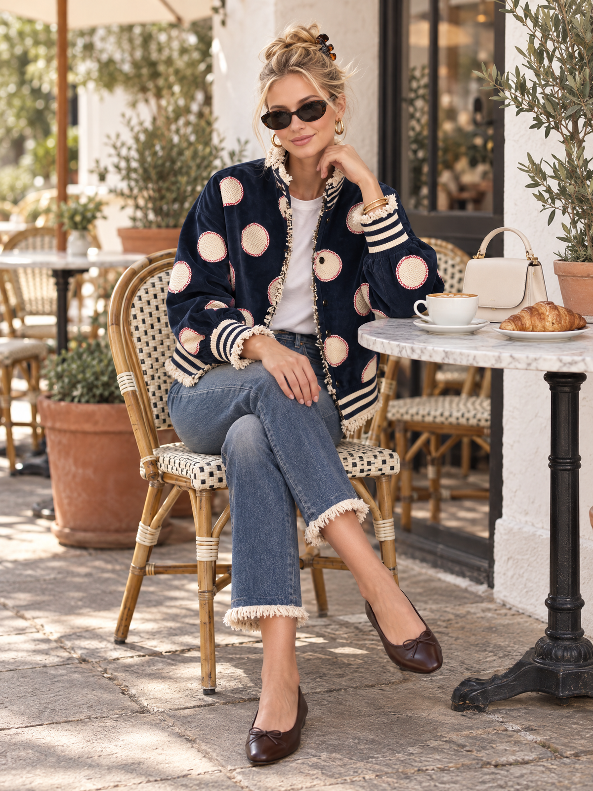 Retro Varsity Navy Suede Polka Dot Frayed Edge Striped Rib Bomber Jacket