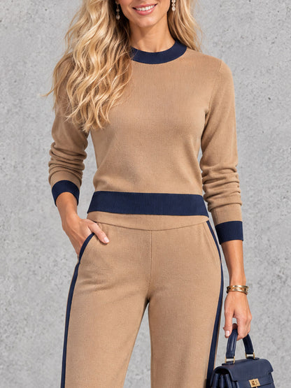 Color-blocked Trim Light Brown Knit Top And Pants Set