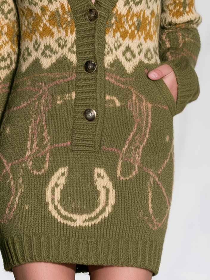 Retro Western Olive Fair Isle Mini Sweater Dress With Horseshoe Motif