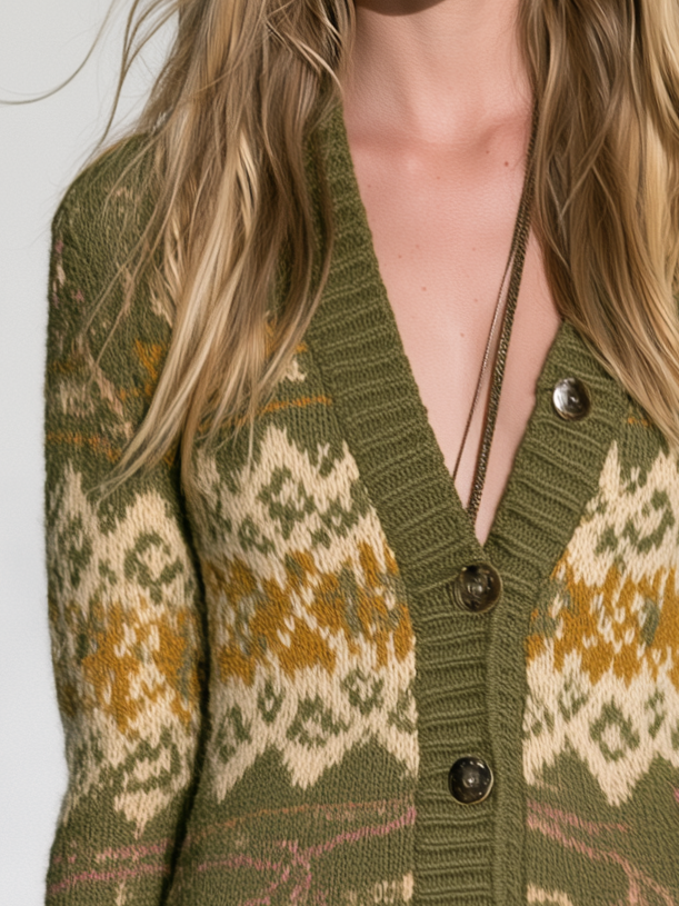 Retro Western Olive Fair Isle Mini Sweater Dress With Horseshoe Motif