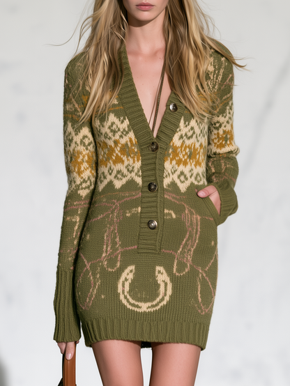 Retro Western Olive Fair Isle Mini Sweater Dress With Horseshoe Motif