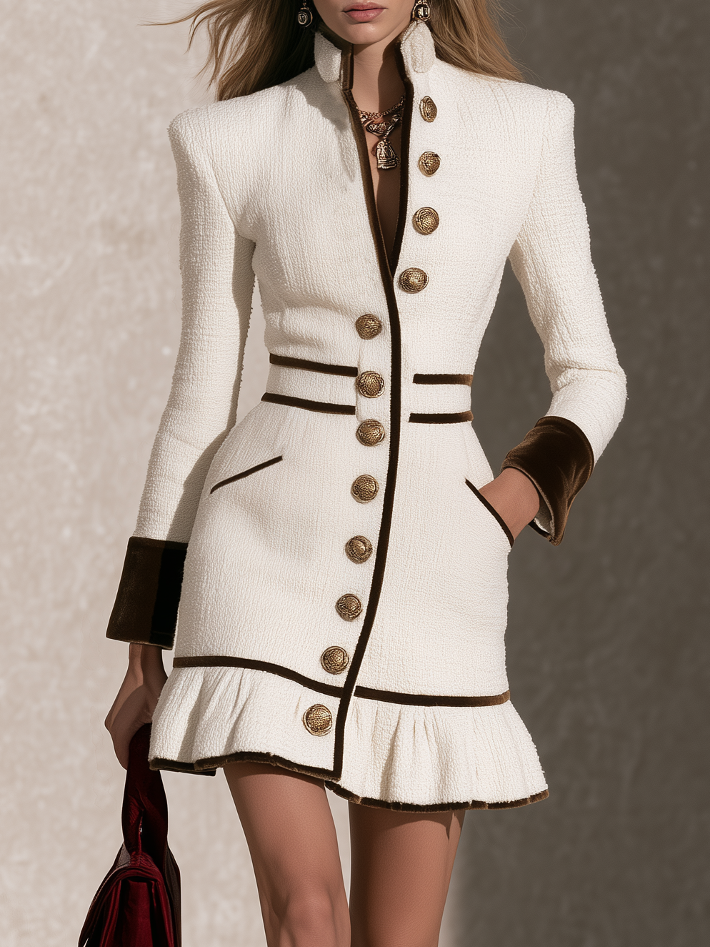 Retro Ivory Tweed Mini Dress With Velvet Trim, Gold Buttons And Ruffle Hem