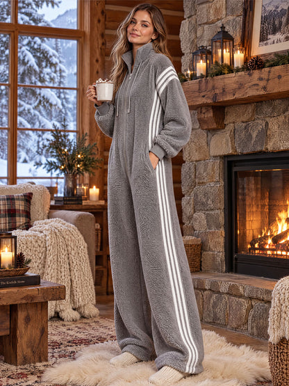 Casual Loose-fitting White Striped Gray Fleece Zip-up Jumpsuit