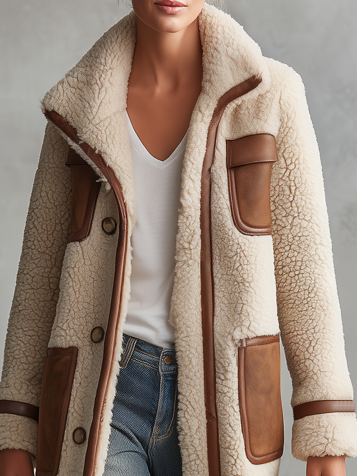 Retro Color-Block Sherpa Lapel Faux Suede Jacket For Women