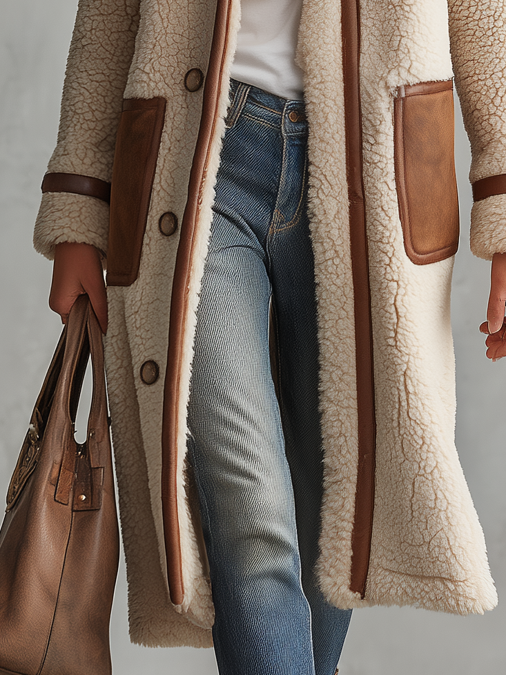 Retro Color-Block Sherpa Lapel Faux Suede Jacket For Women
