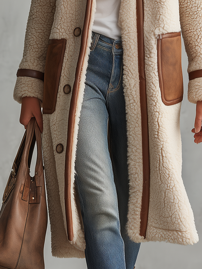 Retro Color-Block Sherpa Lapel Faux Suede Jacket For Women