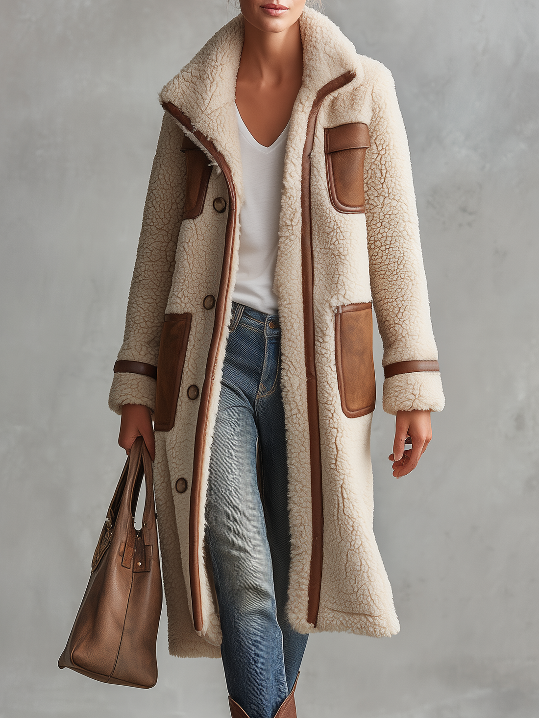 Retro Color-Block Sherpa Lapel Faux Suede Jacket For Women