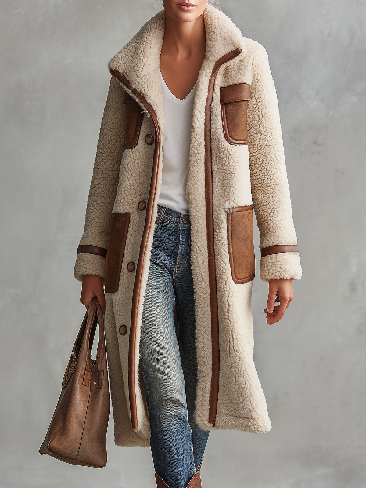 Retro Color-Block Sherpa Lapel Faux Suede Jacket For Women