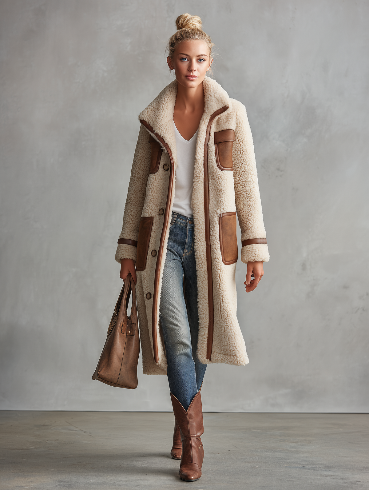 Retro Color-Block Sherpa Lapel Faux Suede Jacket For Women