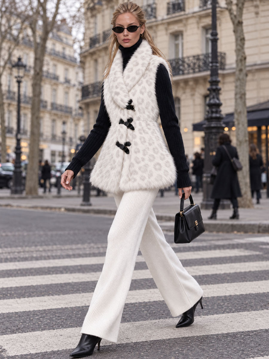 Fashionable Retro Leopard Print Off-white Faux Fur Vest
