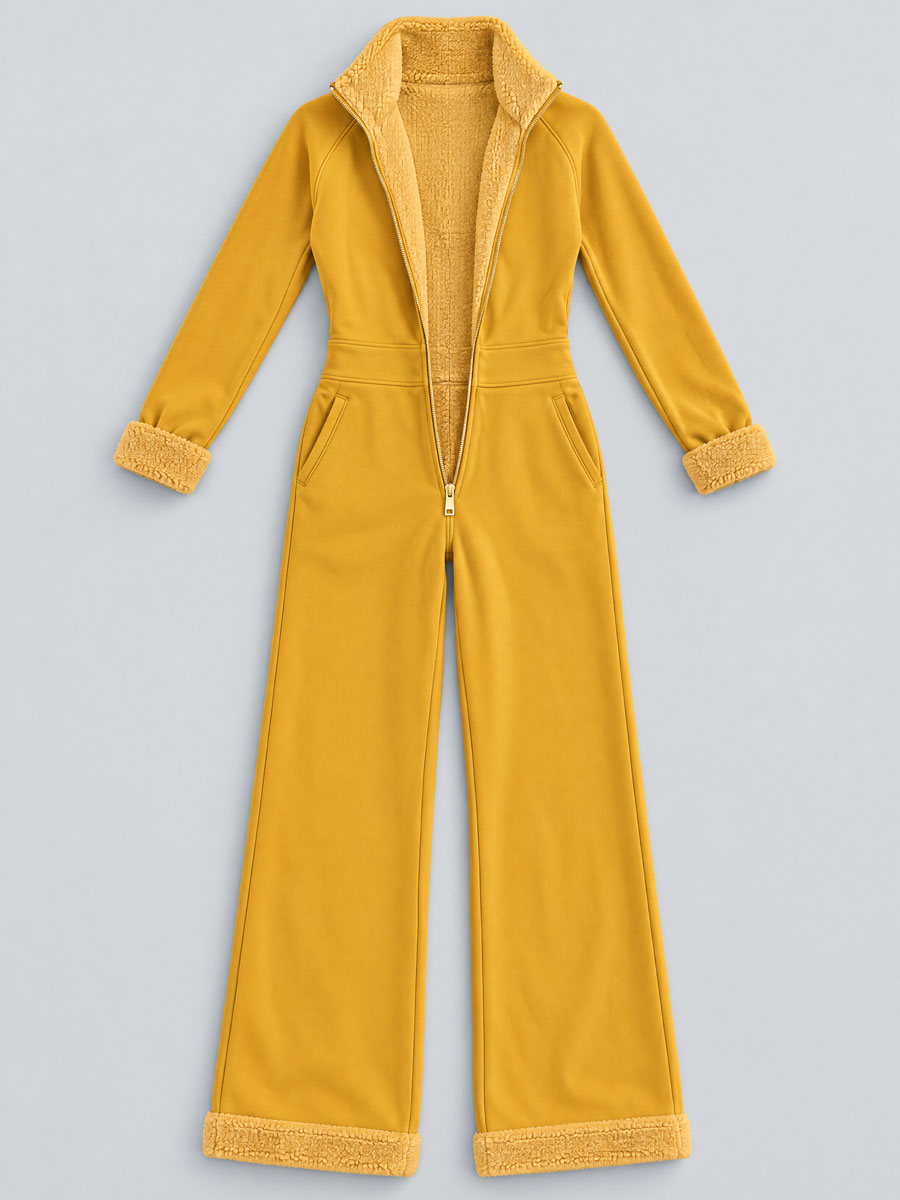 Casual And Stylish Yellow Cotton Fleece Zip-up Jumpsuit