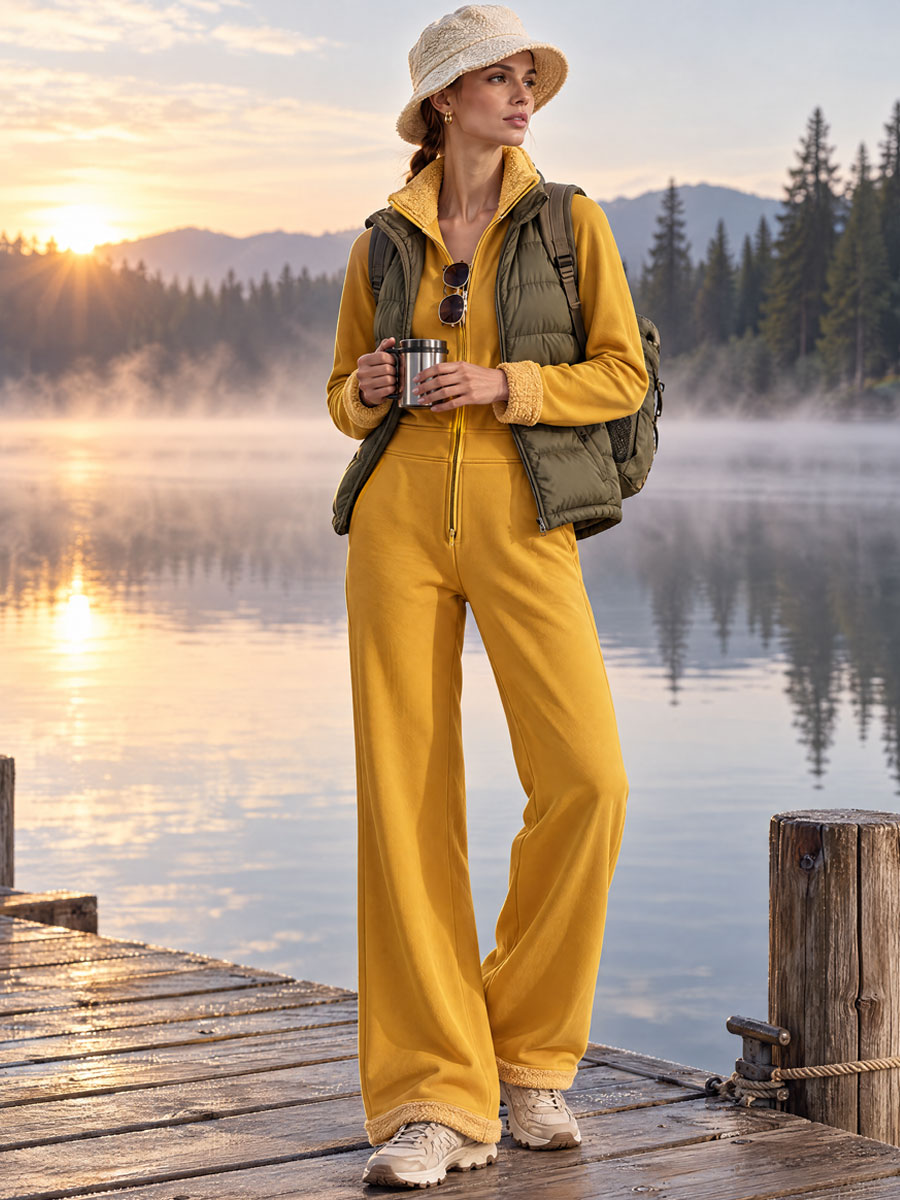Casual And Stylish Yellow Cotton Fleece Zip-up Jumpsuit