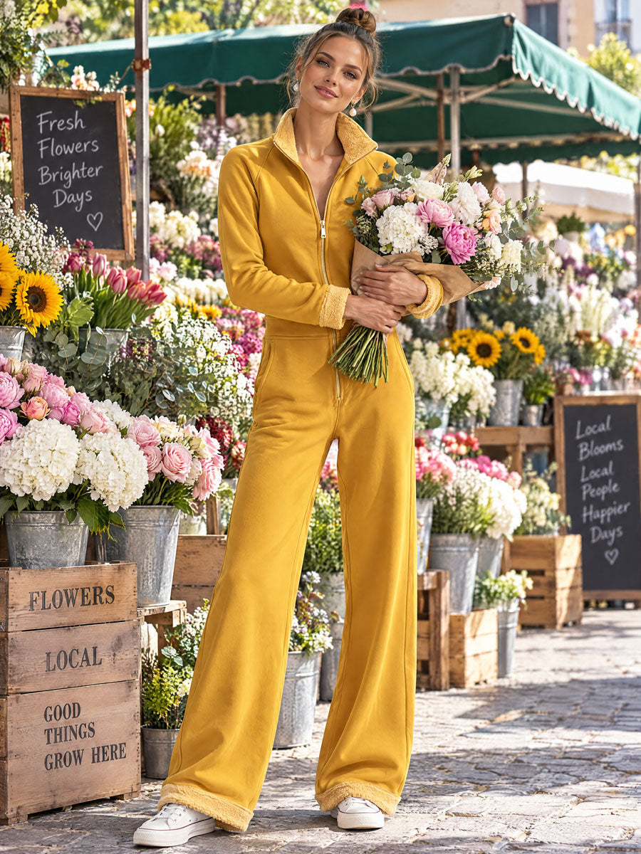 Casual And Stylish Yellow Cotton Fleece Zip-up Jumpsuit