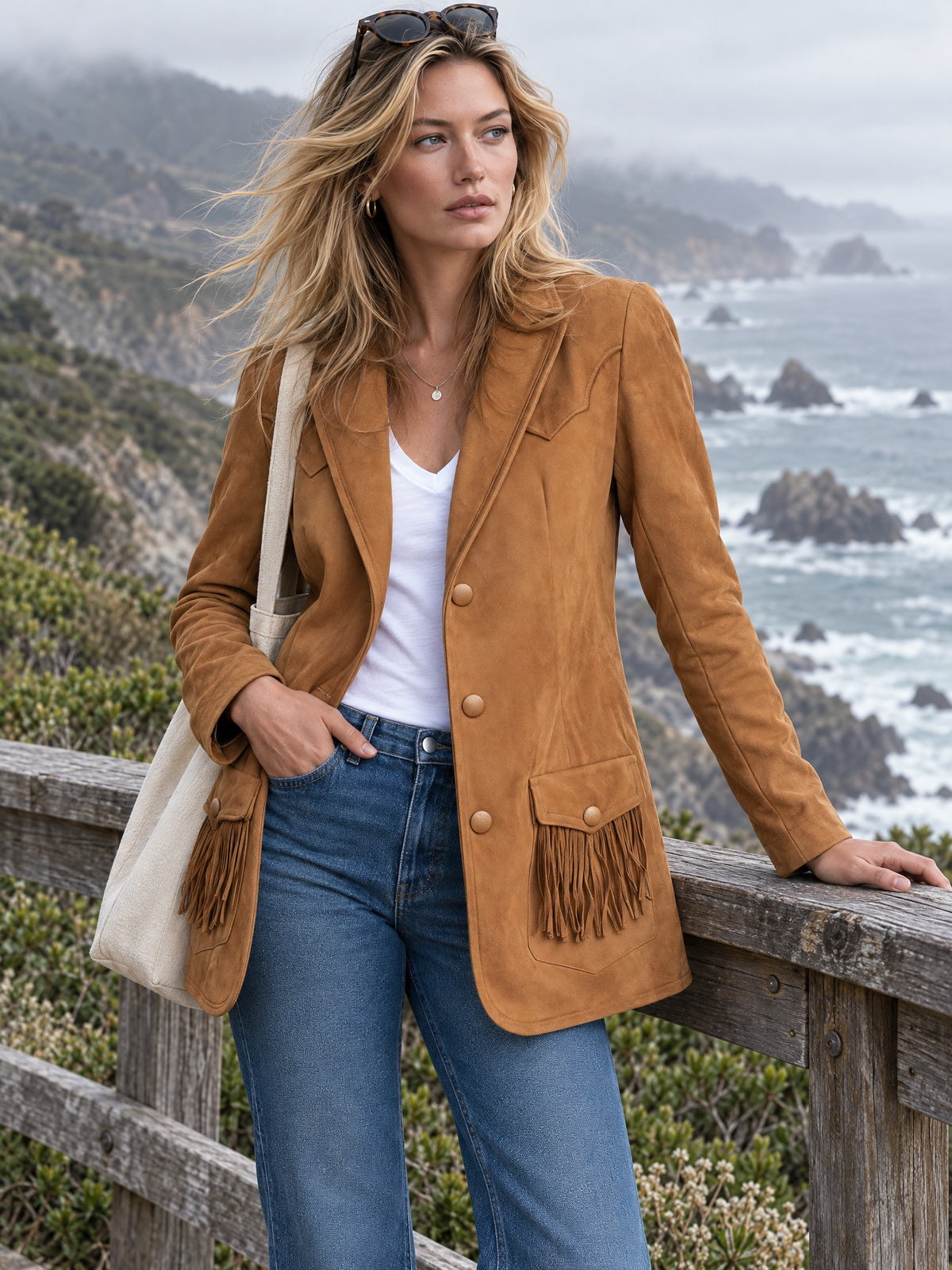 Retro Western Faux Suede Fringe Jacket With Notched Lapels And Pockets