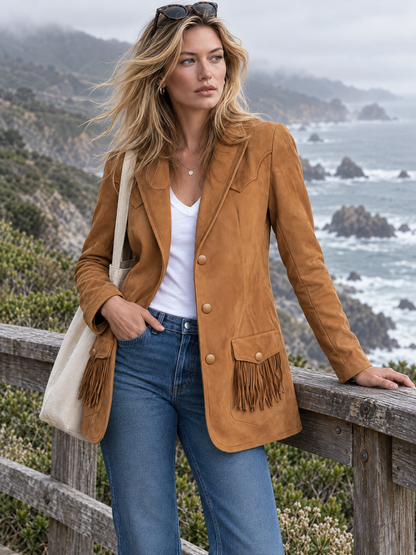 Retro Western Faux Suede Fringe Jacket With Notched Lapels And Pockets