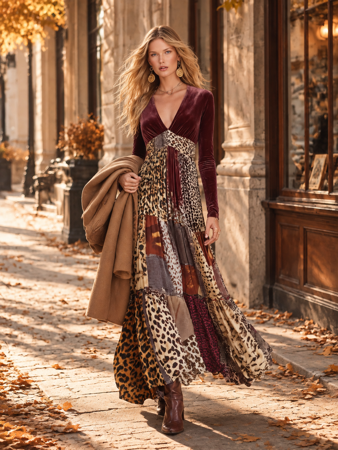 Vintage-Inspired Bohemian Animal-Print V-Neck Velvet Maxi Dress