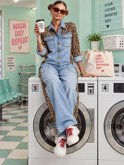Loose-fitting Retro Leopard Print Patchwork Light Blue Denim Wide-leg Jumpsuit