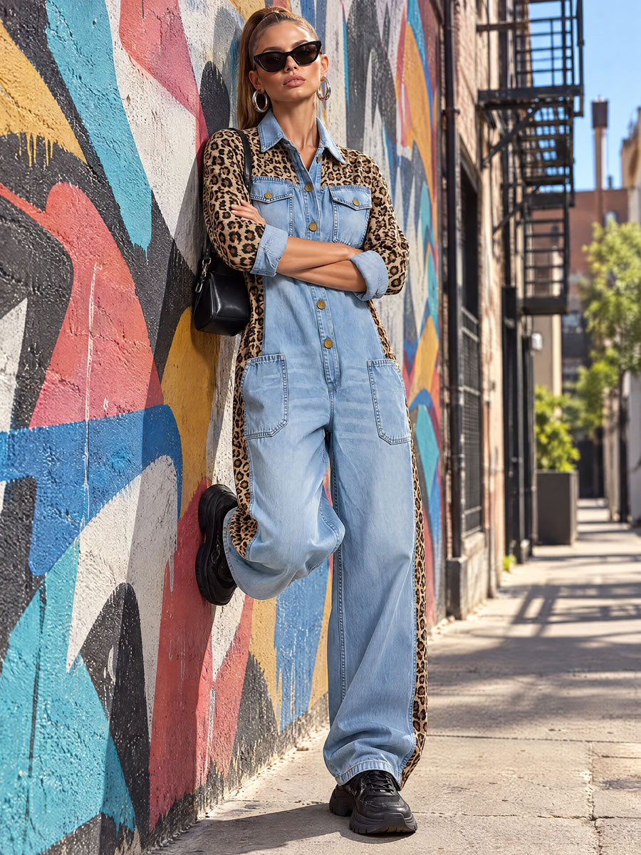 Loose-fitting Retro Leopard Print Patchwork Light Blue Denim Wide-leg Jumpsuit